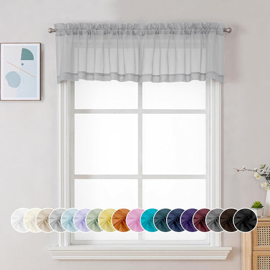 Chyhomenyc Sheer Light Grey Valances for Windows 2 Pack, Small Window Curtains for Living Room Bathroom Cafe Laundry Basement, Modern Top Dual Rod Pocket Voile Curtain, 42W x 14L inches