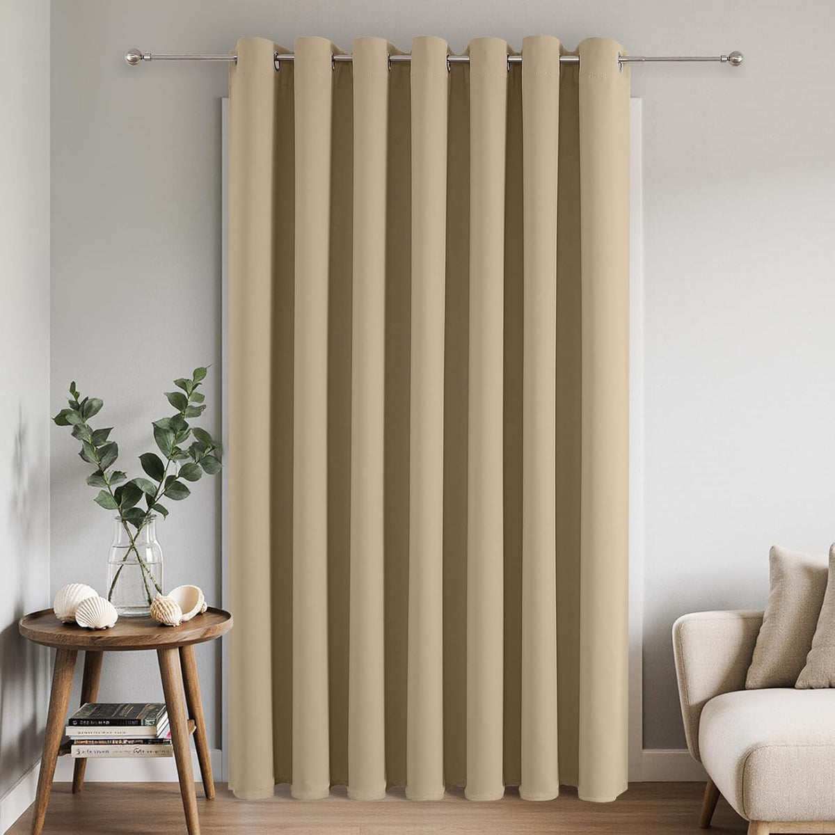 Joydeco Blackout Patio Sliding Door Curtains 108 Inches Long, Grommet Privacy Room Divider Curtains, Extra Wide Thermal Blackout Drapes for Bedroom Living Room (Light Beige, 100Wx108L, 1 Panel)