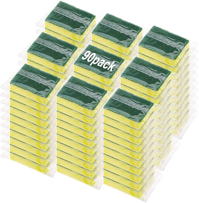 90 Pack Individually Wrapped Sponges Uncompressed Kitchen Dishwashing Non Scratch Scrouing Sponge Bulk for Hotel Car Airbnb Apartments,Green