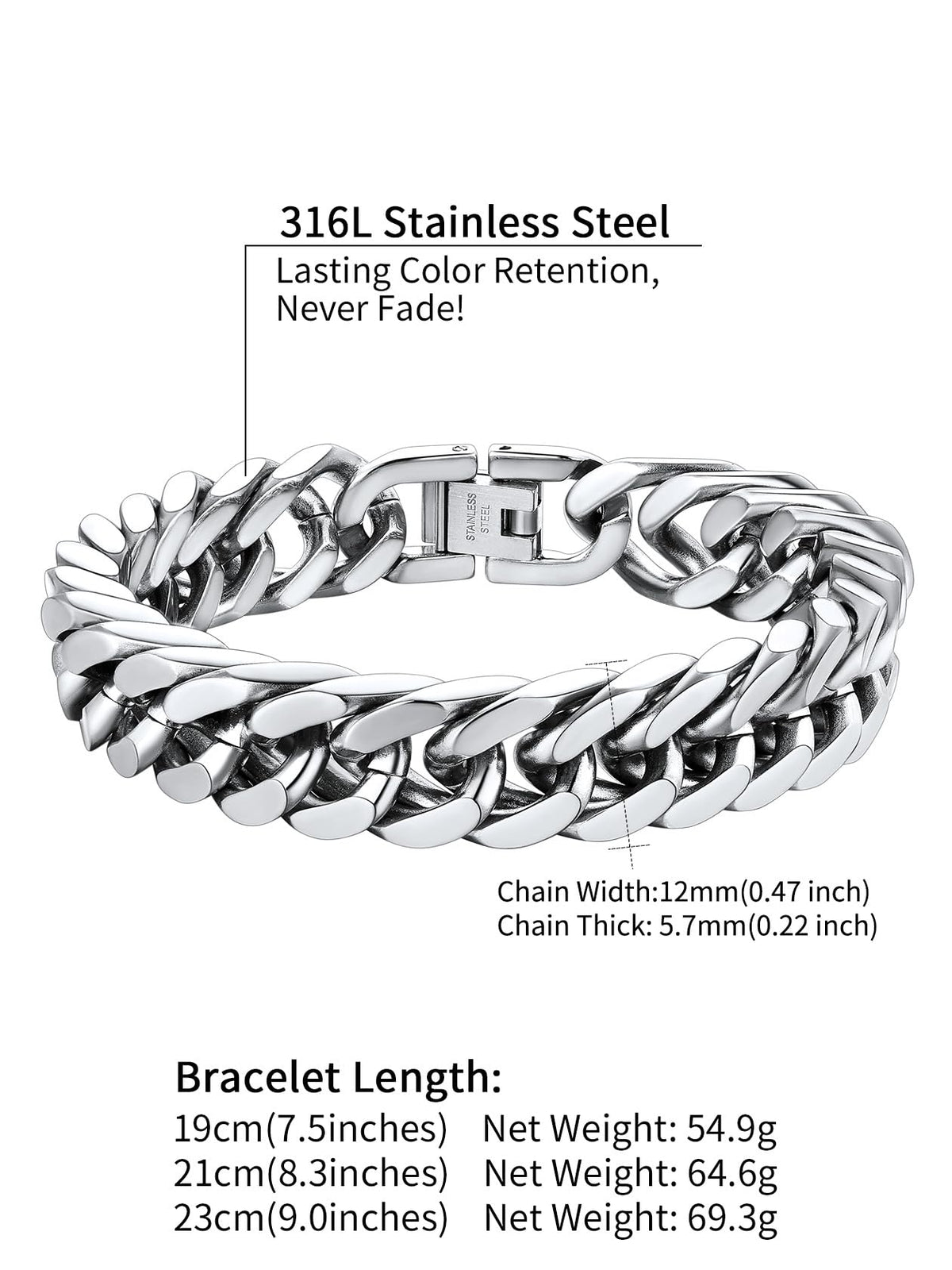 Stainless Steel Curb Chain Bracelet for Men 12mm 21cm Curb Bracelet Man Bangle Xmas Gift