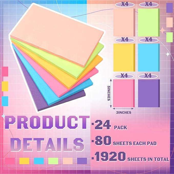Kajaia 24 Pads Full Adhesive Sticky Notes Colorful Sticky Notes Adhesive Memo Self Stick Pads Easy to Post for Office Home School Meetings Supplies 6 Pastel Colors 80 Sheets/pad(3x5 Inches)