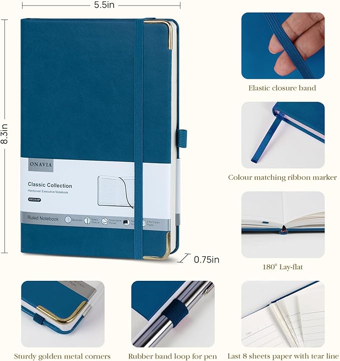 A5 Lined Journal Notebook - 100 GSM Thick Paper, Hardcover Journaling Notebook for Writing, Work, Travel, College Ruled Journal for Women Men, PU Leather Note Book, 5.5”x8.3”- Night Sky Blue