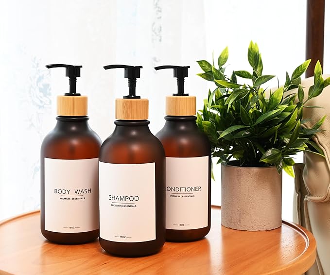 Frosted Plastic Shampoo and Conditioner Bottles, Apothecary Dispenser Bamboo Pump, Refillable Bottles for Shower Lotion, Oil, Hand Soap, Sanitizer, Liquid Soap, Set of 3 with 9 Labels (6, Matte Amber)