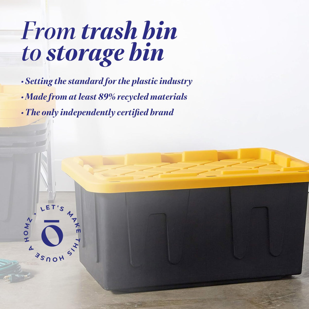 HOMZ 2-Pack Durabilt, Heavy Duty Plastic Storage Bins with Lids, 27 Gallon, Black/Yellow - Stackable Container Boxes for Home, Attic, and Garage Organization