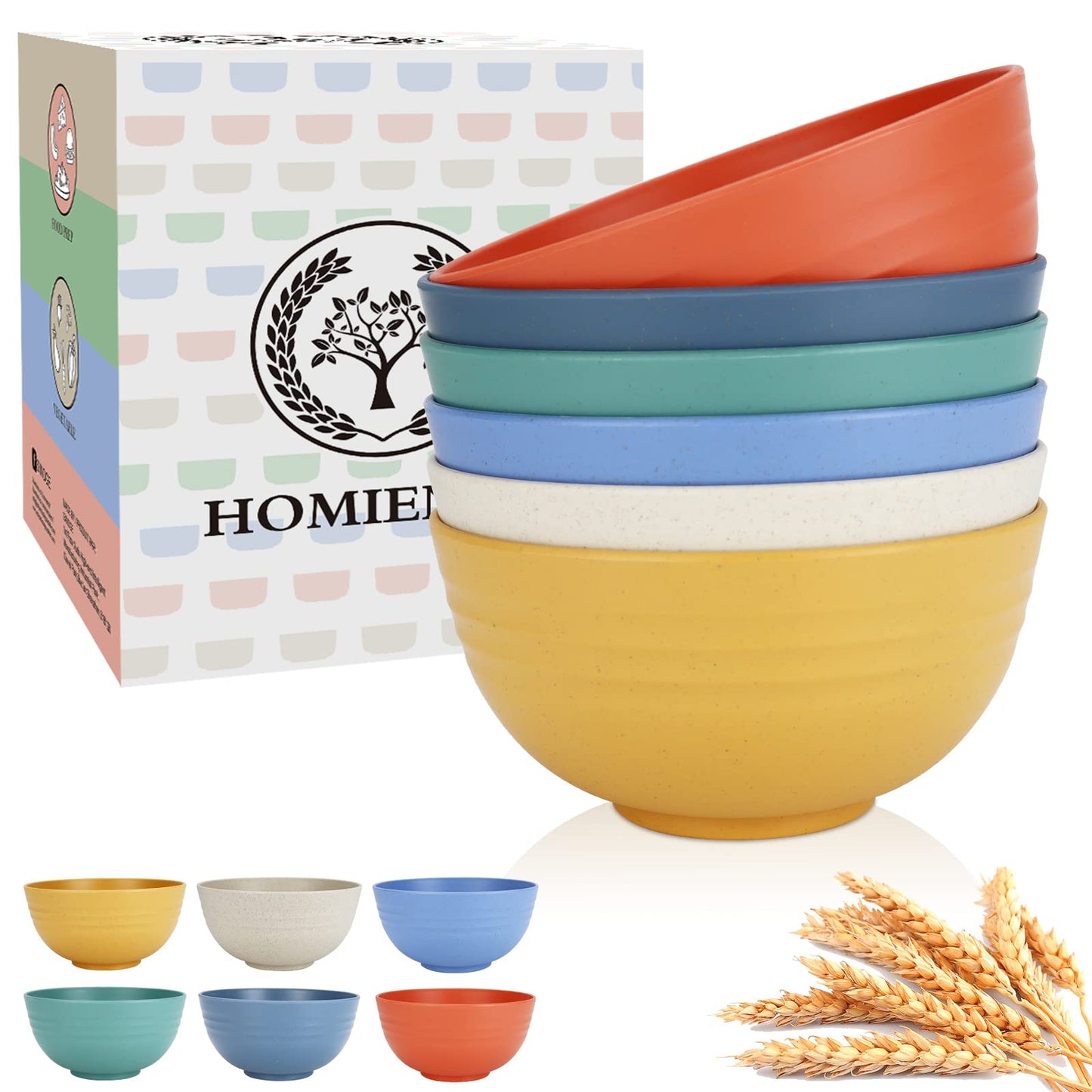 Homienly Wheat Starw Cereal Bowls, Unbreakable Bowl Set 6 PCS, Microwave and Dishwasher Safe Bowls, Alternative to Plastic Bowl Reusable, Bowl Set for Kitchen, Picnic, Camping, Party (26 OZ, Colorful)