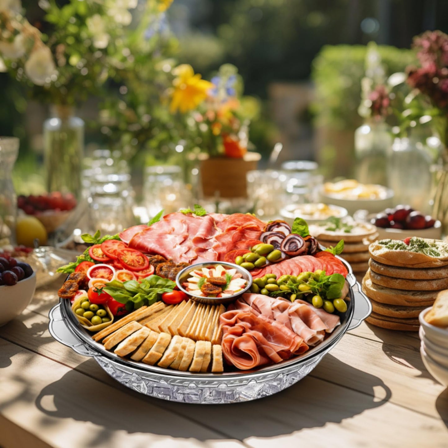 Baderke 4 Set 11.8" Chilled Serving Tray for Parties with Compartments 9" Ice Chilled Party Platter Charcuterie Serving Board 1.7 oz Dipping Bowls with Tongs for Fruit Seafood Vegetable (Natural)