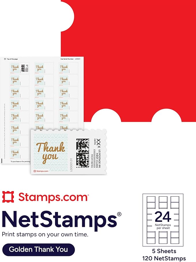 Golden Thank You NetStamps 120-Pack (5 Sheets) Printable Postage Labels (Stamps.com Subscription Required) - Print Approved Postage - Inkjet & Laser Printers - Business, Personal, Home
