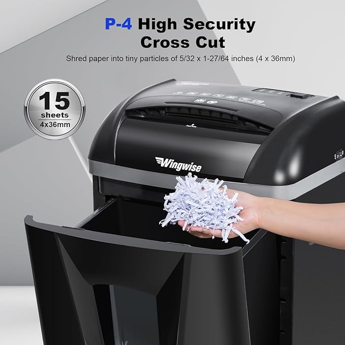 15-Sheet Paper Shredder with 58dB Quiet Operation, P4 Cross-Cut Security for Home Office, 15-Minute Run Time & 5.8-Gallon Bin – Shreds Credit Cards & CDs