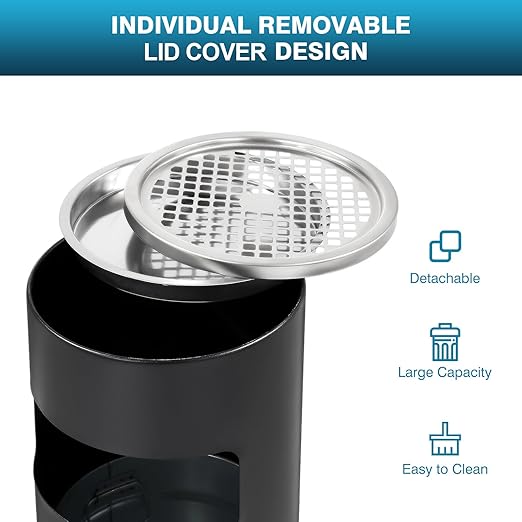 IRONWALLS Indoor Outdoor Trash Can with Lid, Black Stainless Steel Garbage Can, Removable Inner Bucket, Round Commercial Waste Bin Container Trash Receptacle for Office, Hotel
