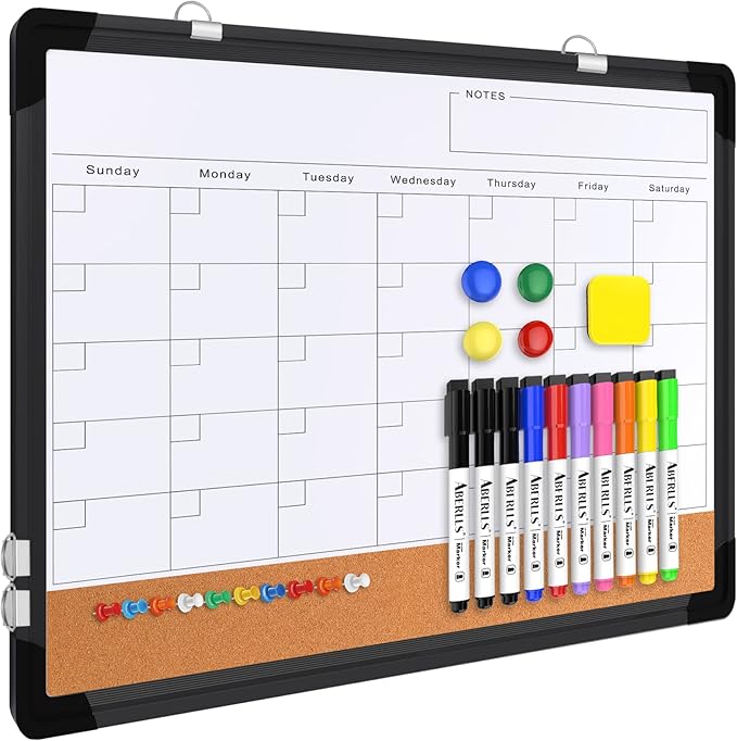 Monthly Calendar Whiteboard Dry Erase Cork Board Combination for Wall, 17x13 Magnetic Dry Erase Board, Double-Sided White Board, Portable Board for Office, Planning, Memo, School, Home (Black)