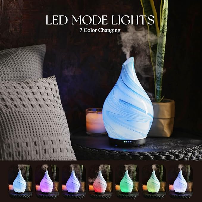 Porseme 280ml Essential Oil Diffuser Glass Color Changing Aroma Air Diffusers Aromatherapy Ultrasonic Cool Mist Humidifier 7 Running Hours Waterless Auto-Off for Sleeping, Yoga, Office, Spa (Blue Ink)