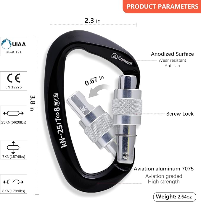 Heavy Duty Carabiner UIAA Certified Locking Carabiner 25KN (About 5620 lbs) Screw Lock Carabiner D Shape Carabiner Clip for Rock Climbing, Mountaineer, Aerial Work