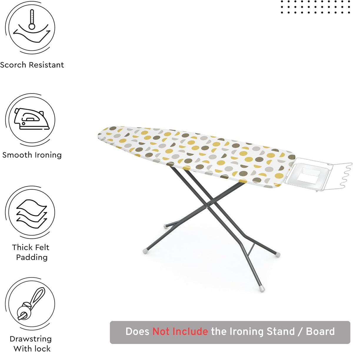 Encasa XO Ironing Board Cover and Pad 54"x15" - Thick 3mm Felt Padding, Drawstring Tightening & Lock, Easy Fit, Scorch & Stain Resistant, Fits Standard Large Ironing Board - Yellow Moon