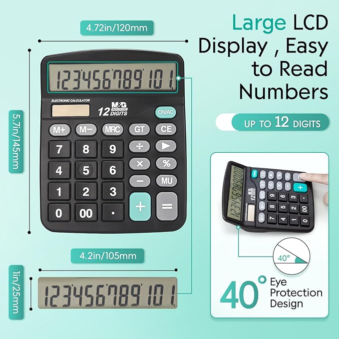 M&G Desk Calculator 12 Digit Office Calculators with Large LCD Display, Dual Solar Power and Battery, Recessed Big Button Calculator for Office Home School (Black, Pack of 5)