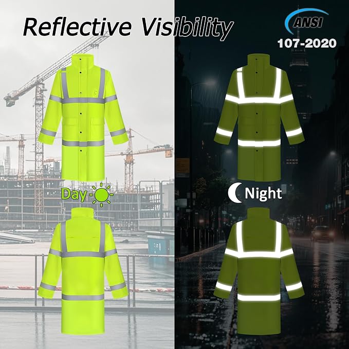 High Vis Rain Jacket, High Visibility Rain Suit for Men Women, Waterproof Rain Coat with Hood, Class 3 Lightweight Hi Vis Rain Gear for Outdoor Activities& Safety Work, Yellow Long, L