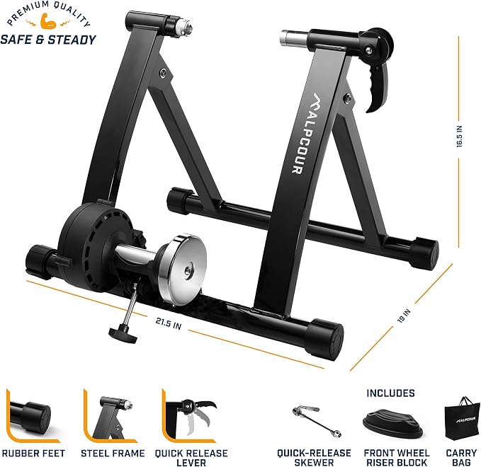 Alpcour Magnetic Bike Trainer Stand for Indoor Riding – with Bike Trainer 4-Tier Riser Block for Front Wheel with Anti-Skid Design