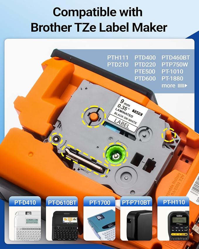 9mm Label Maker Tape TZe-221 Replacement for Brother TZe TZ Tape 9mm 0.35" Laminated (Black on White) P Touch Label Tape TZe221 for Brother PT-D220 H100 D410 D600 1890 H103W, 3 Pack