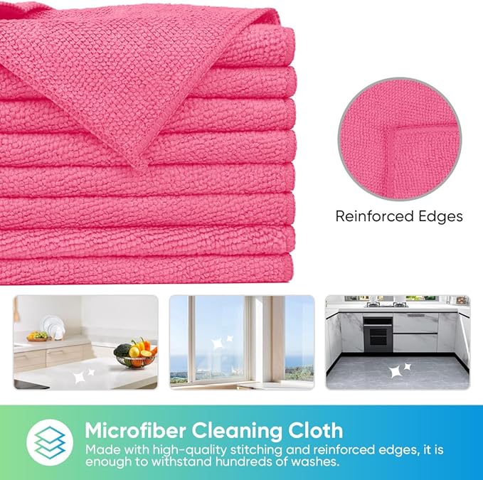 HOMEXCEL Pink Microfiber Cleaning Cloth, 24 Pack Cleaning Towels for Kitchen, Lint Free, Scratch-Free, Highly Absorbent, and Reusable Cleaning Rags for House, Window and Glass, Cars, 11.5 X11.5 inch