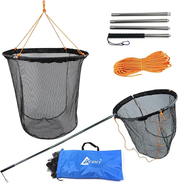 Drasry Large Collapsible Bridge Pier Fishing Net Landing Net with Rod, High Load Aluminum Ring Drop Net for Saltwater and Freshwater Pier Fishing Basket with 49.2 ft. Rope