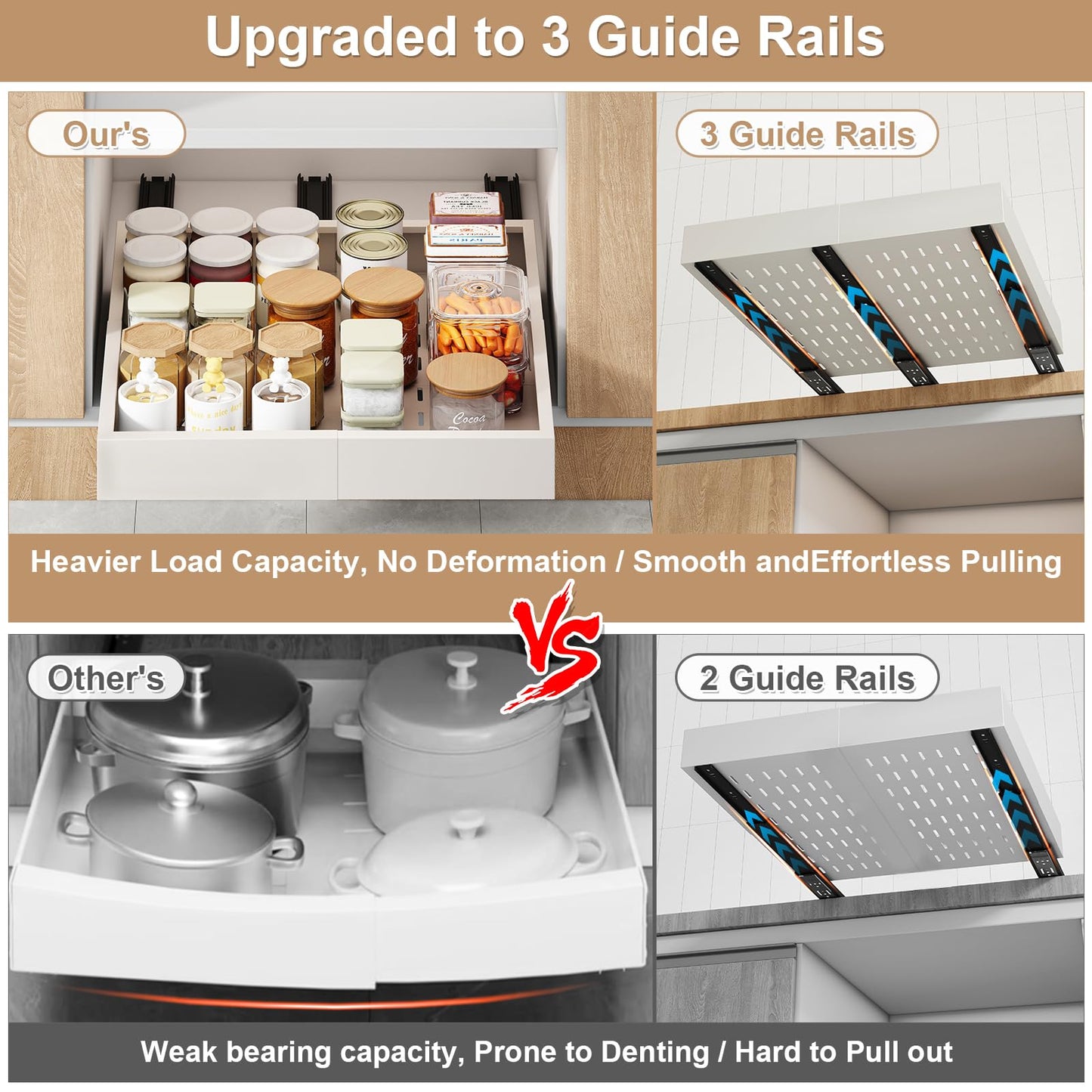 Pull out Cabinet Organizer,Width (14"-21") and Depth (17"-24") Expandable With 3 Rails,No Drill Adjustable Slide out Drawers for Kitchen,Pantry,Adhesive Roll out Shelves,for Cabinets Without Lip,White