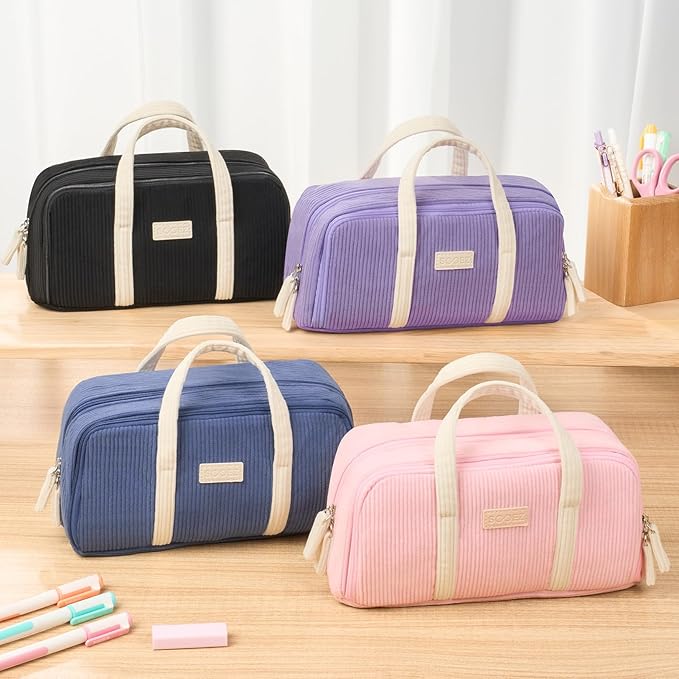 Sooez Large Pencil Case Pouch, Extra Big Pencil Bag with 5 Compartments, Pen Case Wide Opening, Soft Corduroy Pen Bag Organizer with Zipper, Cute Aesthetic School Supplies for Teen Girls, Black