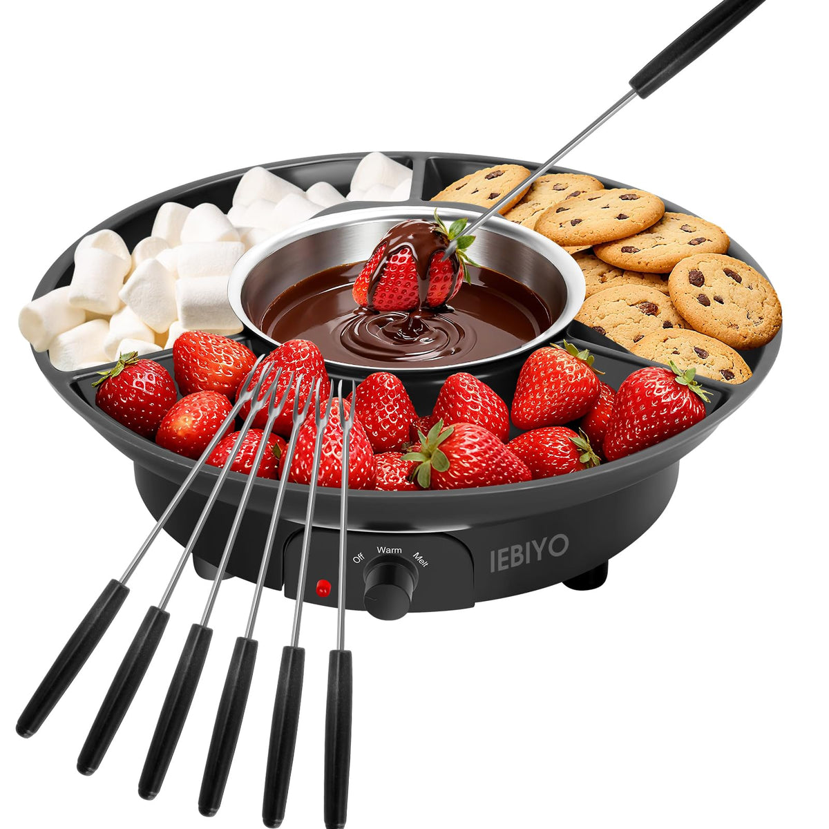 IEBIYO Chocolate Melting Pot Electric Chocolate Fondue Pot Set 3-Section Food Trays with 6pcs Dipping Forks Perfect for Chocolate Cheese Dessert Housewarming Christmas Party Gifts (Black)