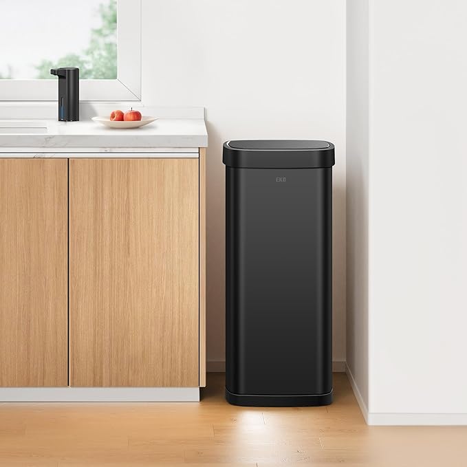 EKO EcoSmart 80L / 21.1 Gallon Motion Sensor Trash Can – Tall, Large Touchless Automatic Kitchen Garbage Bin with Soft-Close Lid for Home or Office, Brushed Stainless Steel, Matte Black
