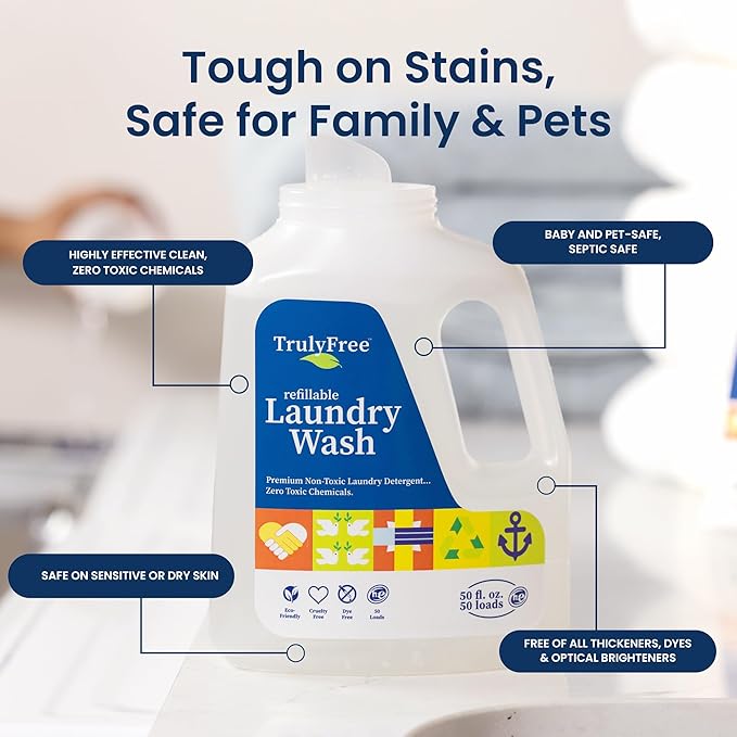 Truly Free Laundry Wash Detergent for Sensitive Skin, Gentle & Safe for Baby Clothes | Plant-Based, Natural Ingredients | Unscented | Include 1 Refillable Bottle (50 Loads)