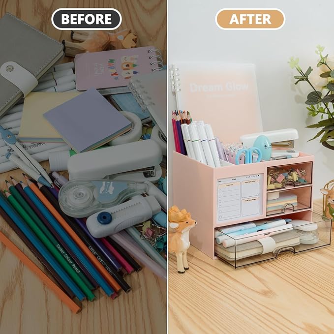 Multi-Functional Desk Organizer with 3 Drawer and 8 Compartments, Pink