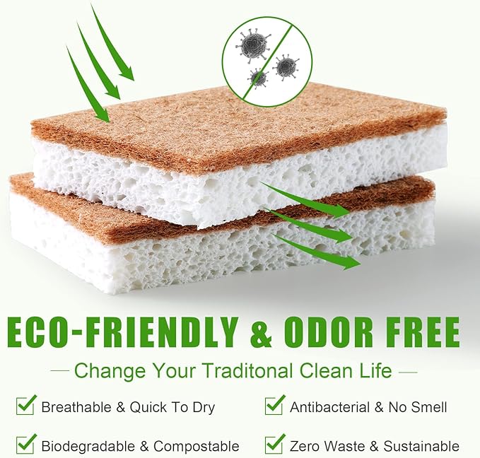 Biodegradable Natural Kitchen Sponge，Eco Friendly Sponges for Dishes,Compostable Cellulose Sponge with Natural Plant Based Coconut Walnut Sustainable Scrubber Pack of 12