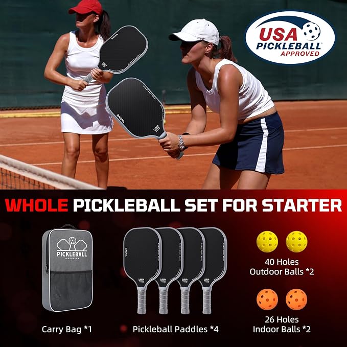 BAGAIL Pickleball Paddles, USAPA Approved Fiberglass Surface Pickleball Set, Lightweight Pickle Ball Rackets with 4 Balls, 1 Bag, Designed in California for Traction and Stability