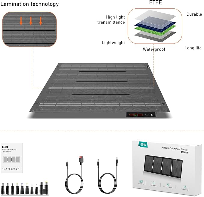 Portable Solar Panel 60W Foldable Solar Charger with DC/USB C/USB A Output DC Cable for Solar Power Station Power Bank Phone Laptop Outdoor Camping RV Road Trip