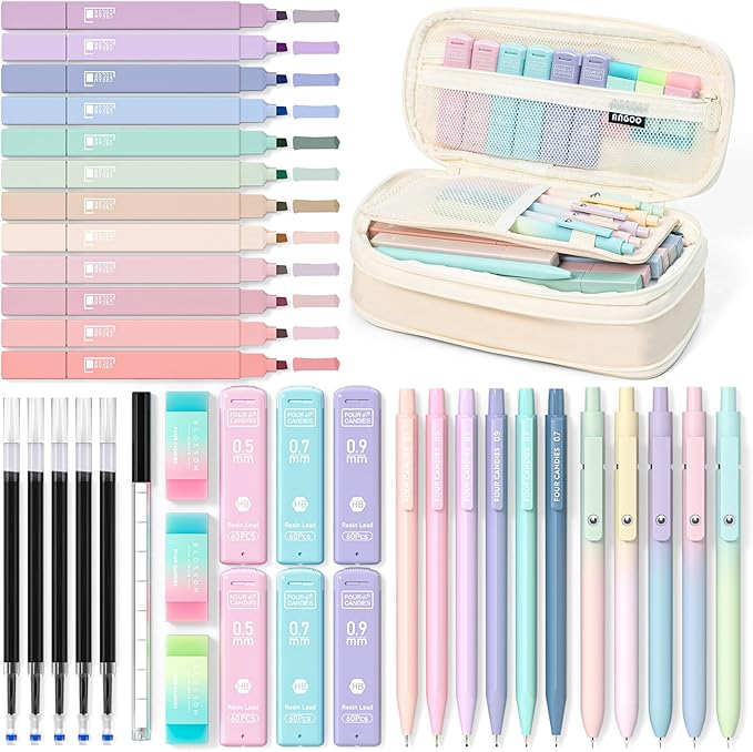 Four Candies 39 PCS Cute School Supplies with Pen Case for Girls - 5 Black Ink Gel Pens, 12 Pastel Highlighters, 6 Aesthetic Mechanical Pencils Set for Stationary College Essentials (Cream)