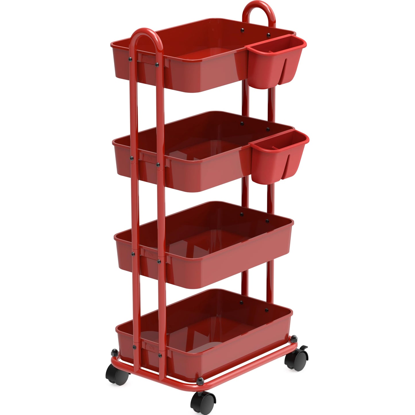Simple Houseware 4-Tier Multifunctional Rolling Utility Cart with Hanging Buckets, Red