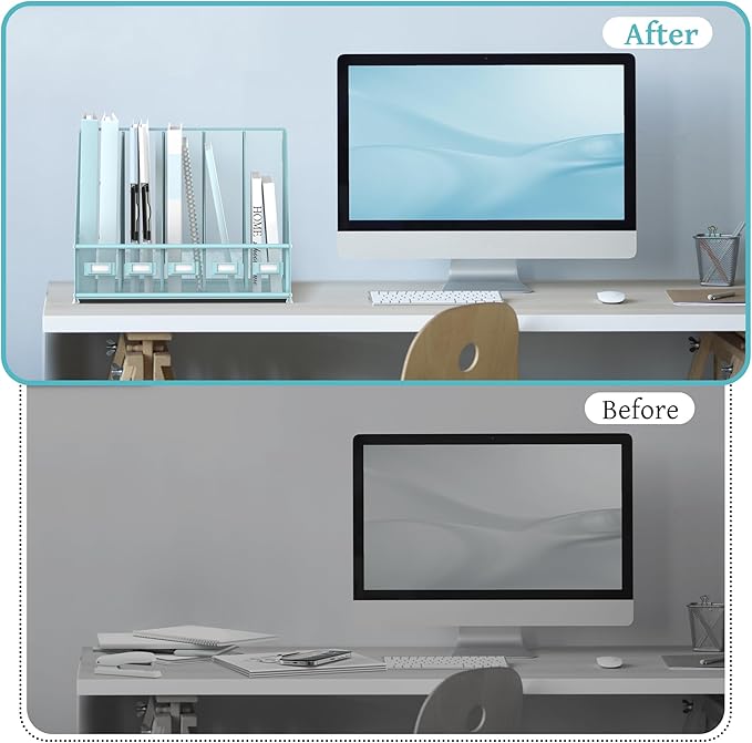 SUPEASY Desk Organizers Metal Desk Magazine File Holder with 5 Vertical Compartments Rack File Organizer for Office Desktop, Home Workspace, Blue