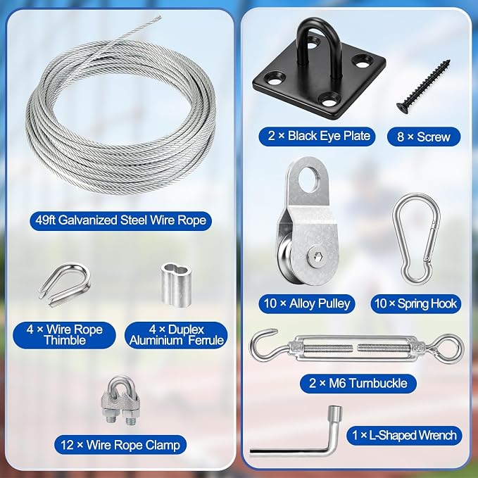10FT Batting Cage Cable & 30 Pulleys & 30 Spring Hooks Kit, Heavy Duty Retractable Batting Cage Netting Net Wire Tension Hanging Kit, Batting Cage Frame for Indoor & Backyard, DIY Baseball