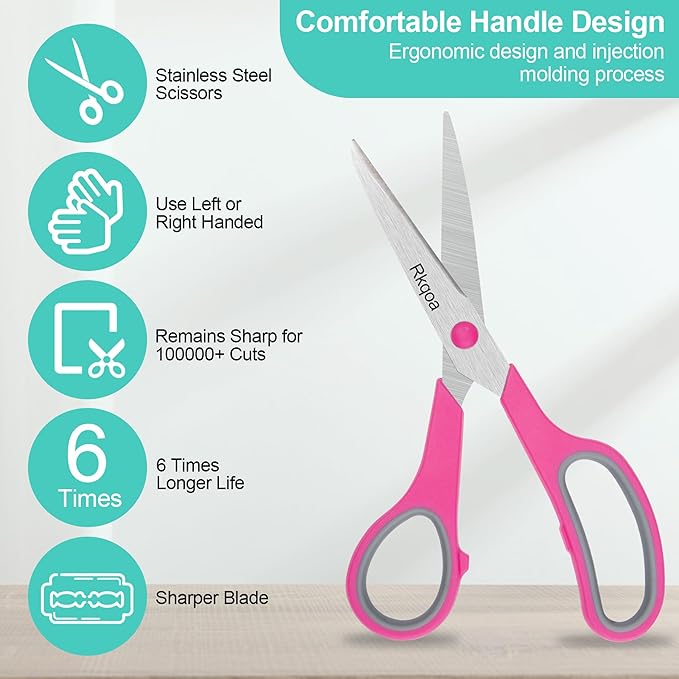24 Pack Scissors, Rkqoa 8" All Purpose Classroom Scissor Bulk Comfort-Grip Sharp Shears for Office School House Sewing Fabric Craft Supplies, High/College School Teacher Student Scissors