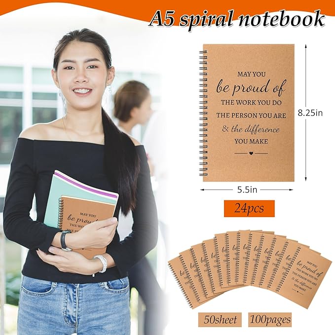 Colarr 24 Pcs A5 Inspirational Spiral Notebook Bulk Appreciation Gift 6x8 Inch Motivational Notepad 100 Page/50sheet Lined College Ruled Journal for Employee Coworker Teacher Nurse (Brown)