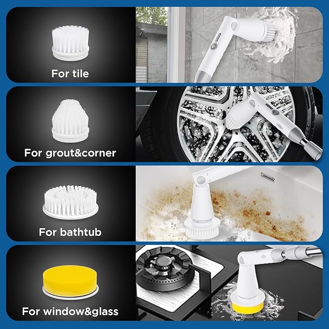 Electric Spin Scrubber, 2024 New Bathroom Cleaner, Power Shower Cleaning Brush with Extendable Handle & 4 Brush Heads, Shower Scrubber for Bathtub Tile Grout Kitchen Window and Floor (White/Gray)