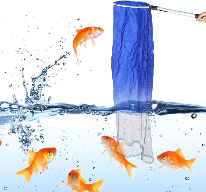 Fishing Net, Aquarium Soft Fishing Net Long Knotless Netting Koi Tansfer Mesh for Medium Large Fish(Diameter 40CM, Handle 50CM)