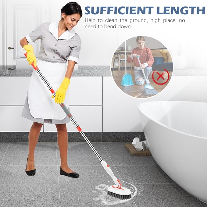 SetSail Floor Scrub Brush, 3-In-1 Tile Tub Floor Scrubber with 52-inch Adjustable Long Handle Shower Cleaner and 3 Detachable Replacement Brush Heads for Cleaning Bathroom Kitchen Walls Tub Tile