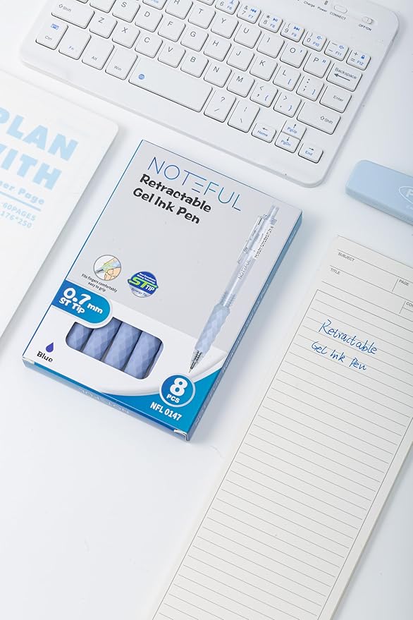 Retractable Gel Pens Clicker, Medium Point 0.7, Premium Comfort Grip for Smooth Writing Planner and School Supplies (Blue, 1 Count (Pack of 8))