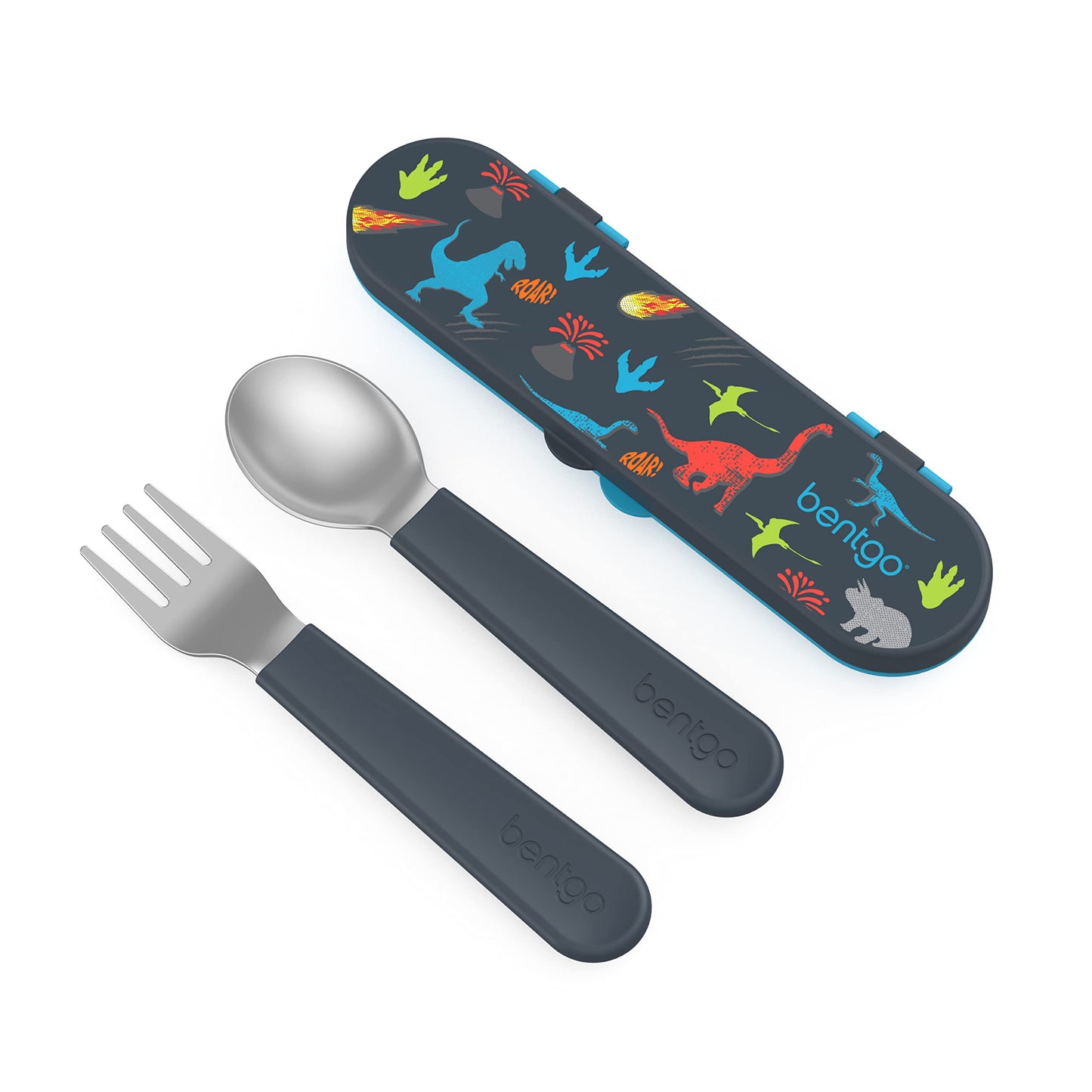Bentgo Kids Stainless Steel Utensil Set - Reusable Fork, Spoon & Storage Case, PFAS- & BPA-Free, Easy-Grip Handles, Lightweight, Dishwasher Safe, School Lunch, Travel & Outdoors (Dinosaur)