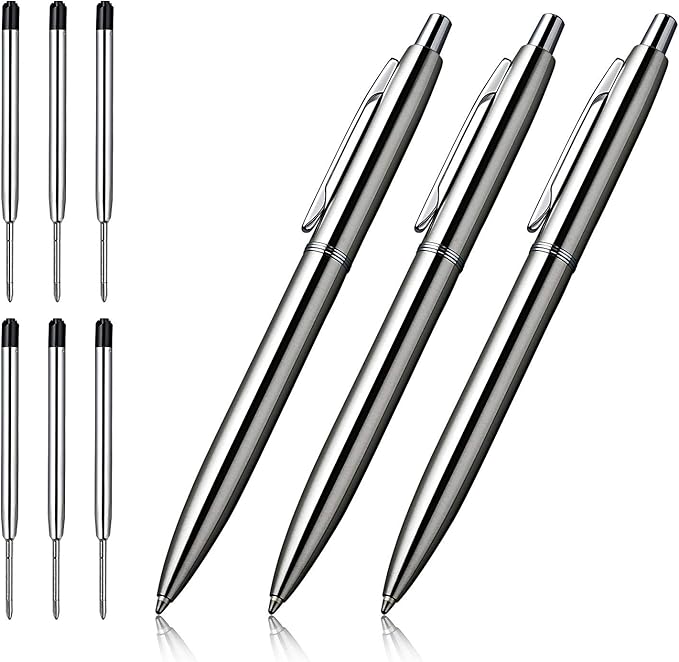 ChaoQ 3 Pcs Retractable Metal Ballpoint Pens, for Gift, Business, Office, 1.0mm Medium Point Black Ink, 6 Extras Replaceable Metal Refills - Stainess Steel
