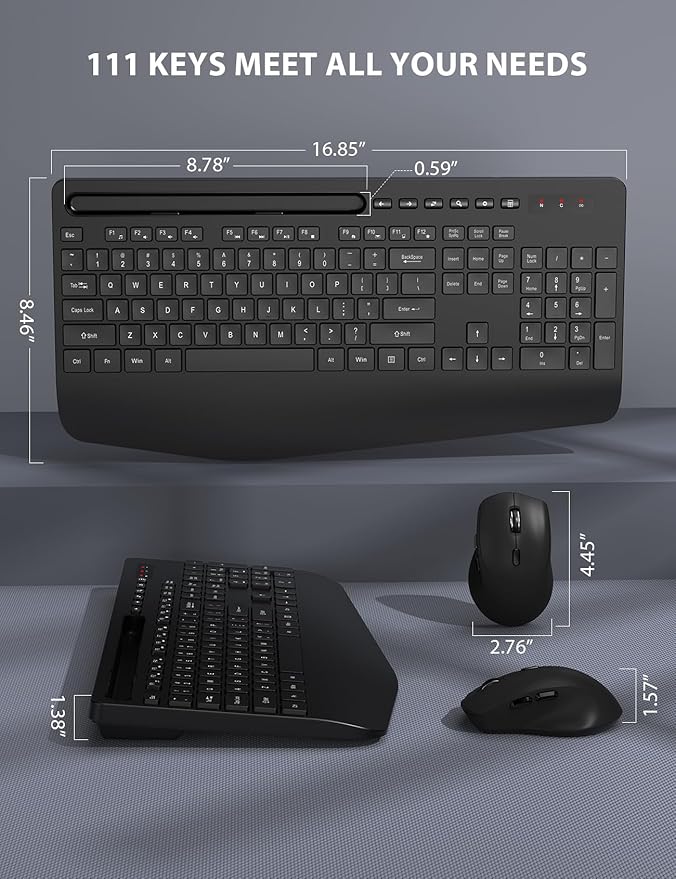 Wireless Keyboard and Mouse Combo - Full-Sized Ergonomic Keyboard with Wrist Rest, Phone Holder, Sleep Mode, Silent 2.4GHz Cordless Keyboard Mouse Combo for Computer, Laptop, PC, Mac, Windows -Trueque