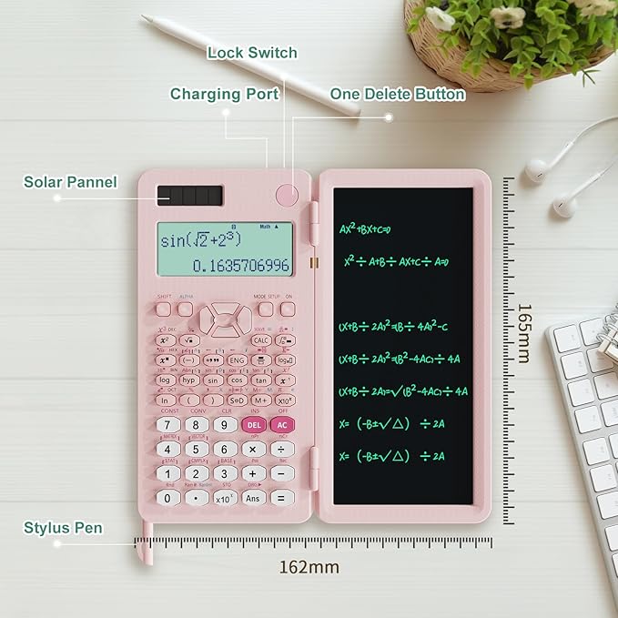 Rechargeable Scientific Calculator for Students, Pink 991ES MAX Foldable Science Calculator with Notepad 417 Function Solar Energy Science Calculators for Middle and High School Supplies (Pink)