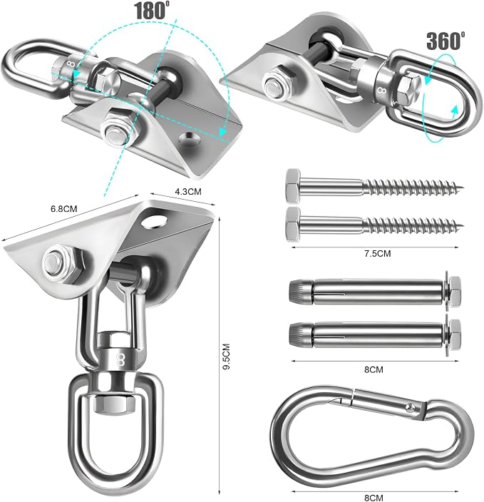 2-Pack Hammock Hanging Kit, 360-Degree Swivel Heavy-Duty Swing Hooks, Supports 1200 lbs, Stainless Steel Swing Hardware for Hammocks, Playgrounds, Yoga, Chairs & Heavy Bag. Installs on Concrete/Wood.