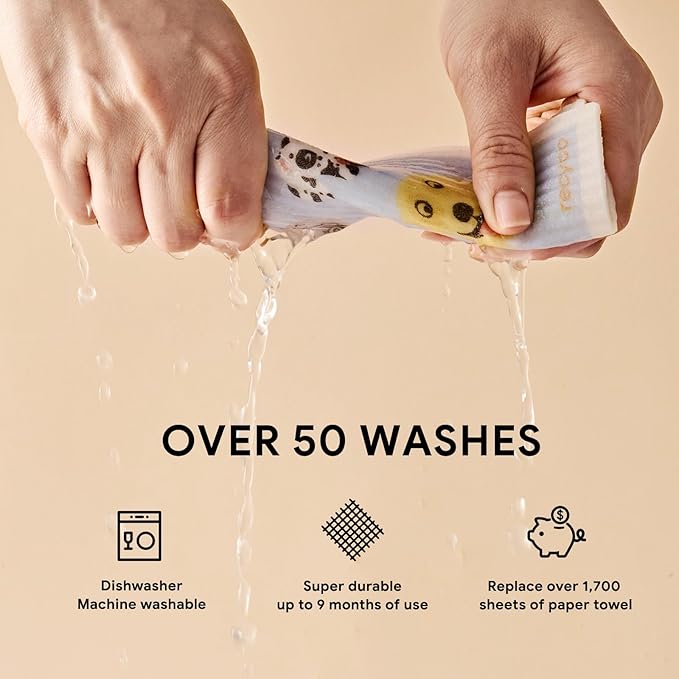 RECYCO Swedish Dishcloths for Kitchen | 5 Pack Pale Blue Washable Dish Rags | Cellulose Reusable Cleaning Paper Towels | Absorbent Counter Dish Cloth Sponge Kitchen Wipes, 8" L x 7" W