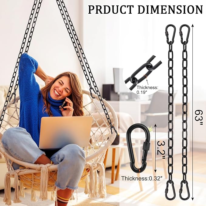 2 Pack 63in Hanging Swing Chain with 4 Carabiners, 660LB Capacity Hanging Kits Heavy Duty Hanging Chair Hardware for Hammock Swing Hanging Chair Punching Bags Sandbag Indoor Outdoor Yoga Gym (Black)