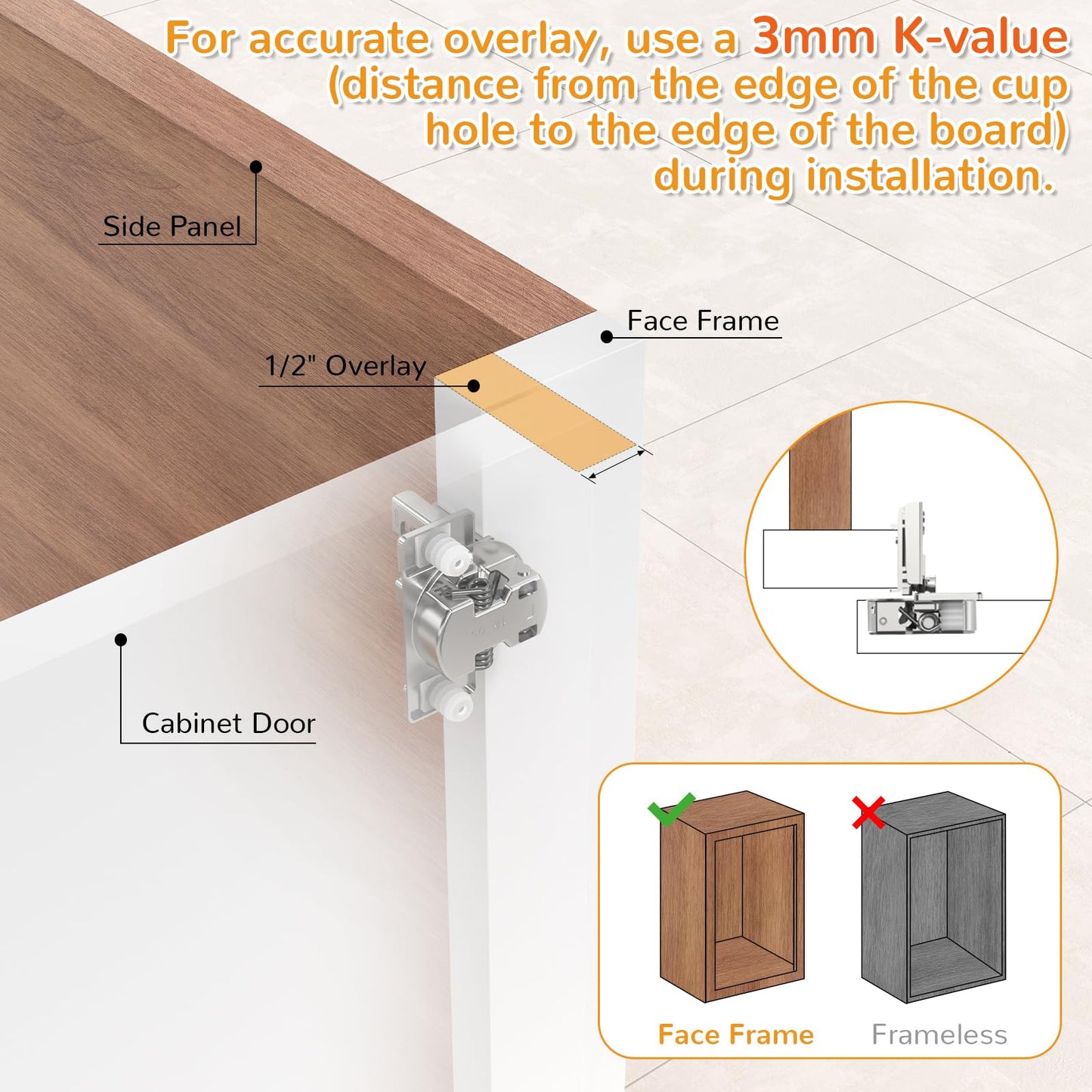 Chibery 60 Pack 1/2” Overlay 4D Soft Close Cabinet Hinges, Concealed Face Frame, Adjustable Closing Speed, 105° Opening Smooth Slow, Hidden Self Closing for Kitchen Corner, Cupboard (with Template)
